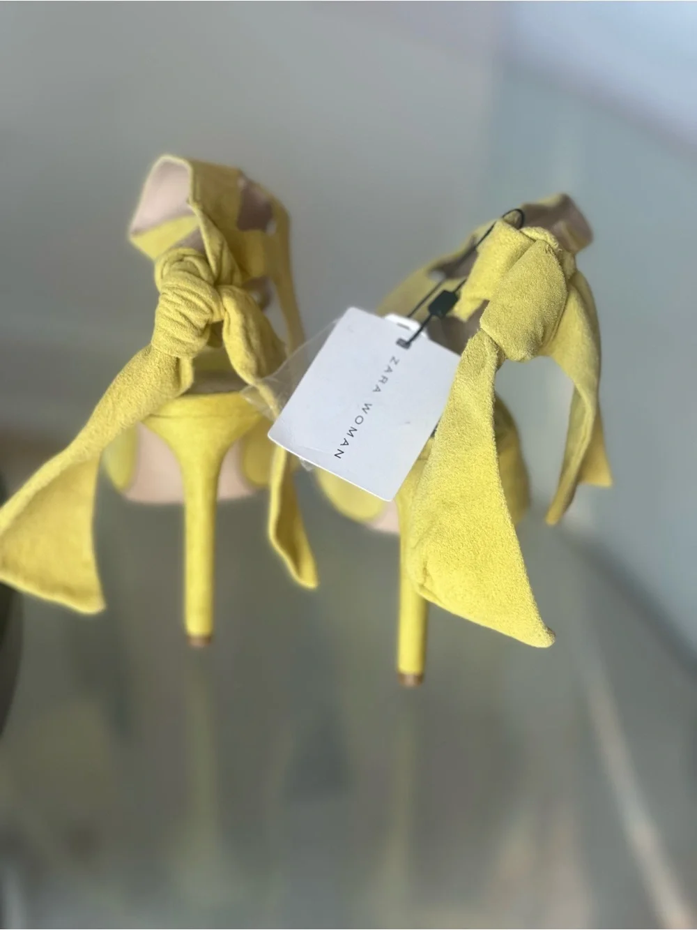 Zara Yellow Suede Tie-Ankle Open-Toe Heels